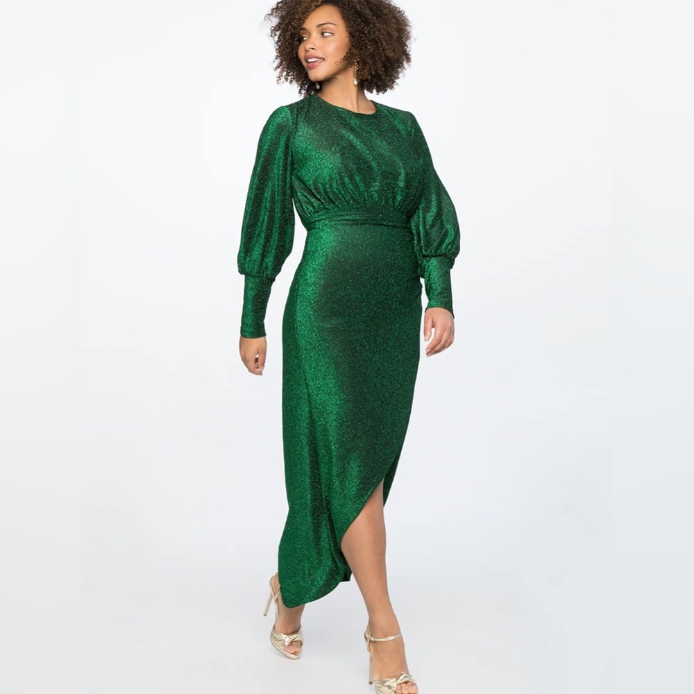 Eloquii Sparkle Maxi Dress w/ Wrap Skirt Emerald Green Long Sleeve NWT 16‎